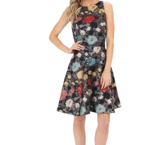[12] Tahari By Arthur S Levine Floral Metallic Sleeveless Dress A shape Mini - Picture 2 of 10